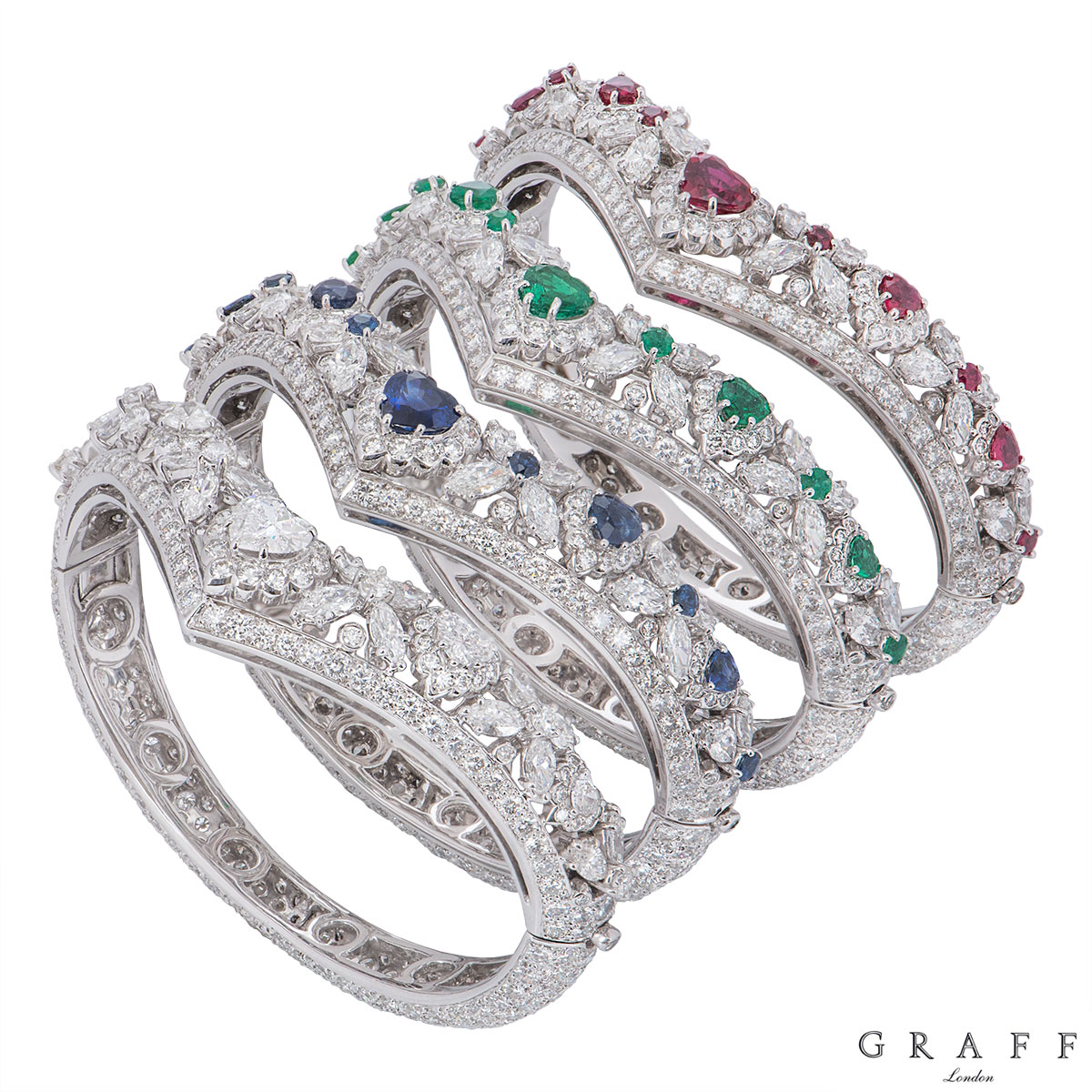 Graff White Gold Diamond, Emerald, Ruby & Sapphire Set Bangles